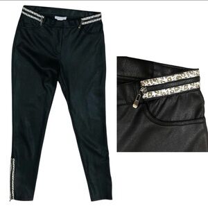 Alberto Makali Faux Leather Skinny Pants Zip Leopard Trim Stretching Pants